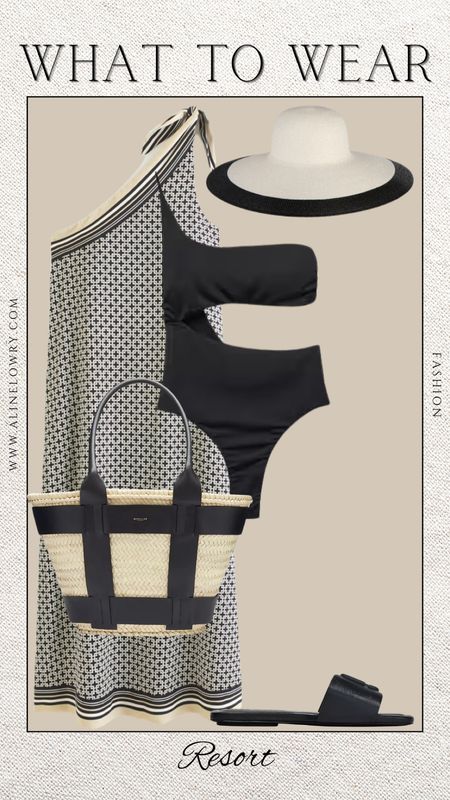 What to wear for a resort or cruise. Elegant swim outfit idea for beach or pool. Black pattern cover up dress, one shoulder cutout one piece, staple bag, black and white straw hat. 

#LTKstyletip #LTKswim #LTKU