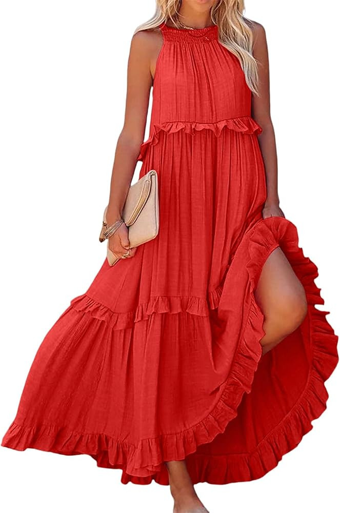 Summer Beach Dresses for Women 2024 Halter Tie Back Maxi Dress Long Tiered Ruffle Dress Sleeveles... | Amazon (US)