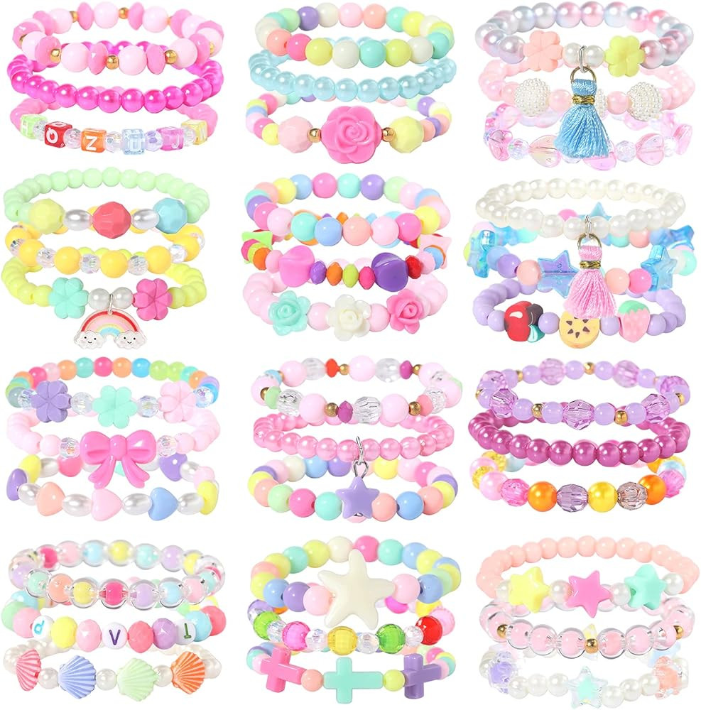 PinkSeep Beaded Bracelets for Kids- 12 Pack 36 PC, Little Girl Plastic Bracelets, Flower Butterfl... | Amazon (US)