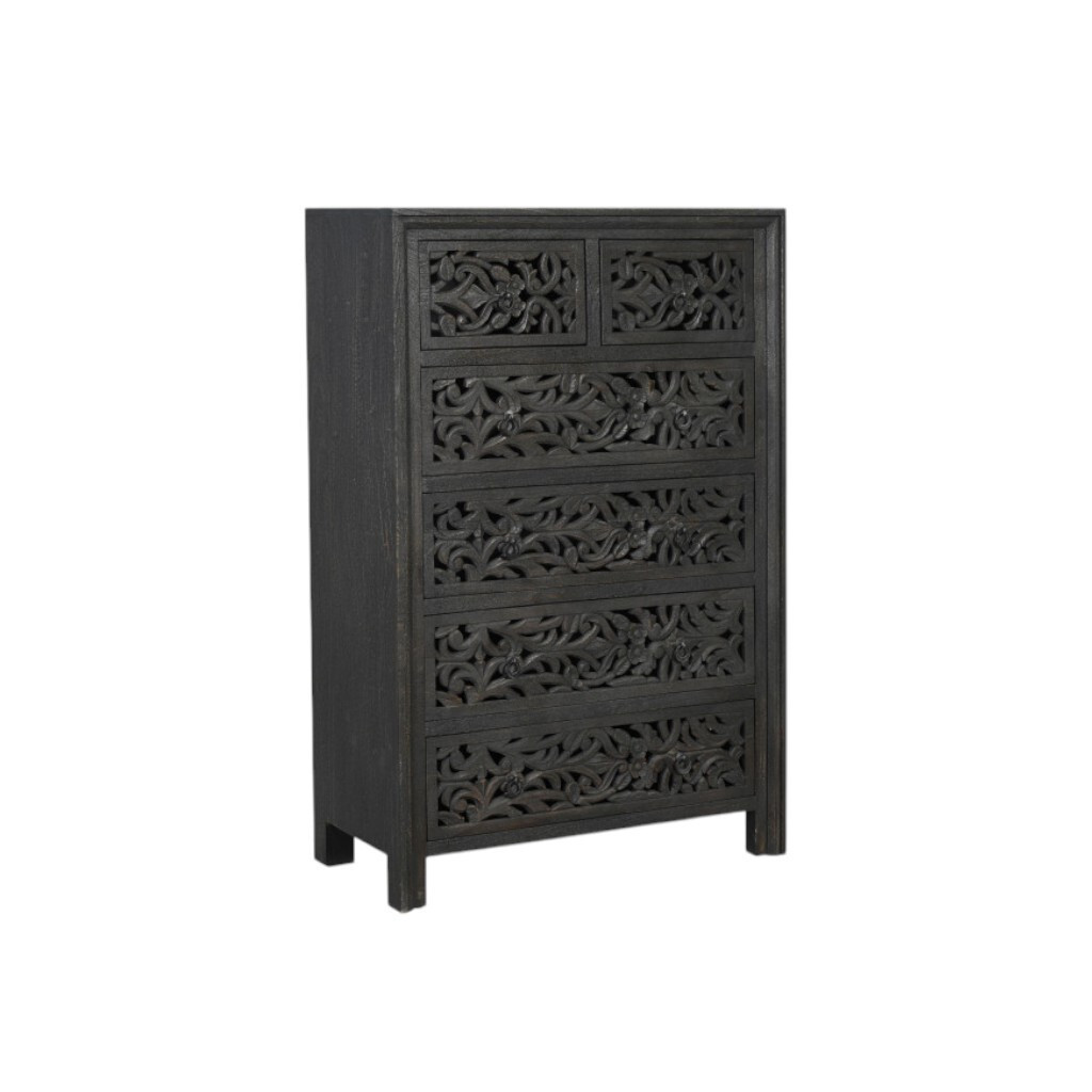 35 Inch Carved Floral Solid Wood Six Drawer Dresser In Black | 1stopbedrooms