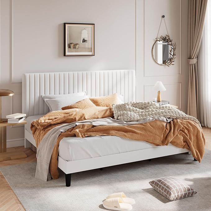 SHA CERLIN King Upholstered Platform Bed Frame with Vertical Channel Tufted Velvet Fabric Adjusta... | Amazon (US)