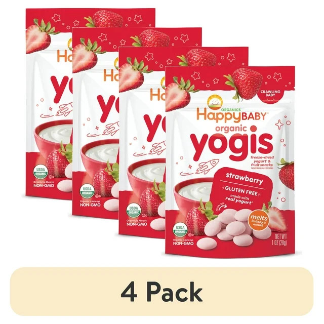 (4 pack) Happy Baby Organics Yogis, Strawberry & Yogurt Organic Freeze-Dried Baby Snack, 1 oz Bag | Walmart (US)