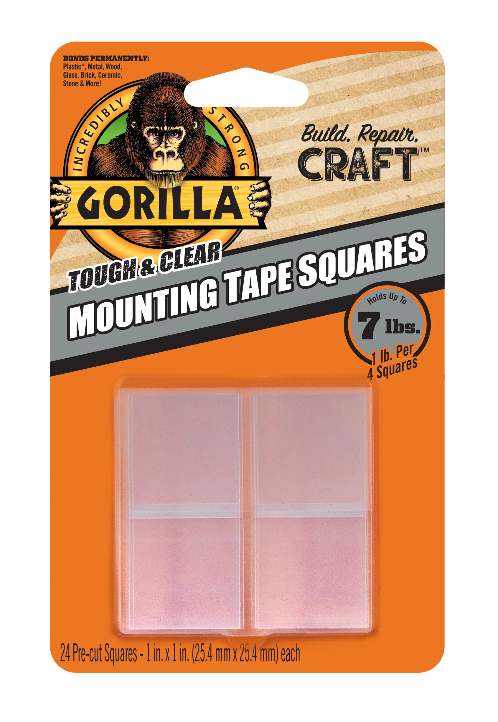 Gorilla Cuadrados de Cinta de Montaje de Doble Cara de 1", 24 Piezas Precortadas, Transparente, M... | Walmart (US)