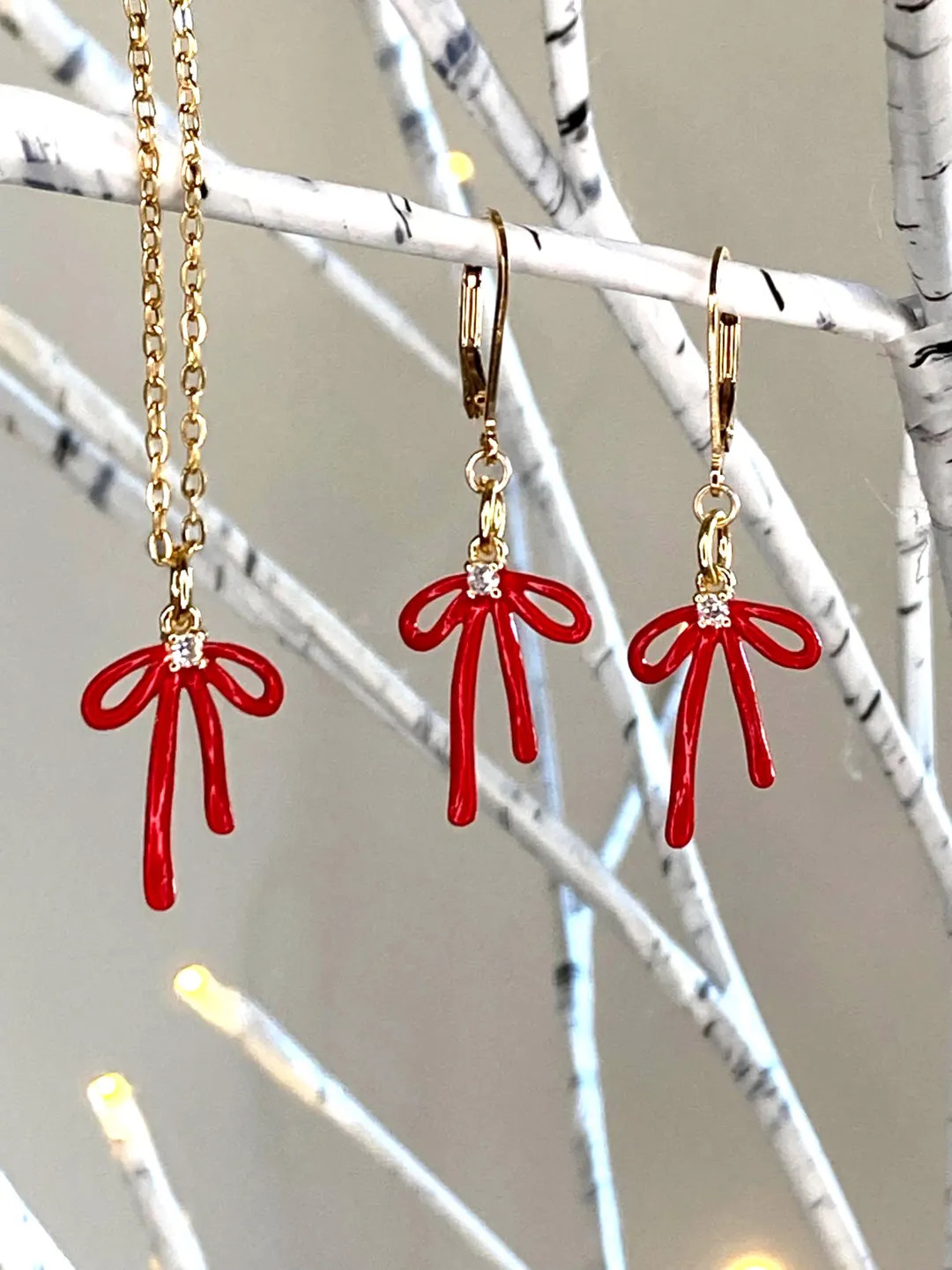 Dainty Christmas Red Bow Jewelry Set: 14kt Gold Filled Necklace & Earrings - Etsy | Etsy (US)