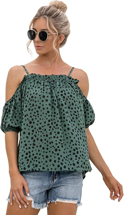 Anna-Kaci Womens Casual Cold Shoulder Chiffon Blouse Short Sleeve Cute Polka Dot T-Shirt Tops | Amazon (US)