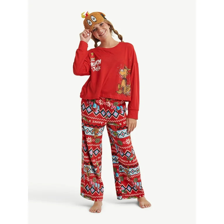 Justice Girls Grinch Max Long Sleeve Top and Sleep Pant with Max Eye mask, 3-Piece Pajama Set, Si... | Walmart (US)