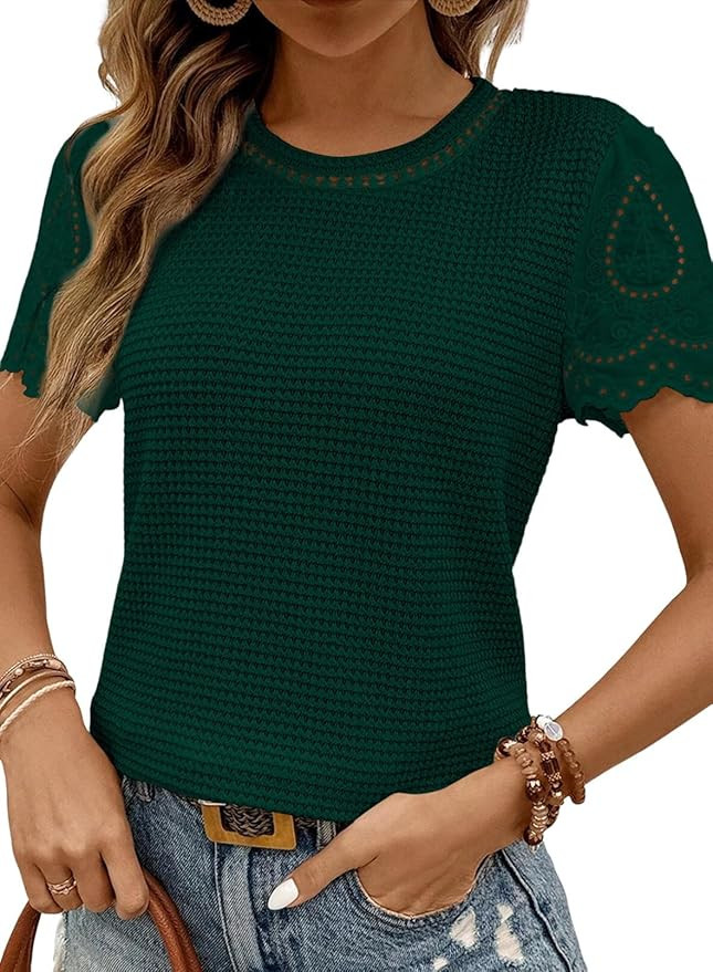 SHEWIN Womens Frenchy Summer Tops Crewneck Short Sleeve T Shirts Casual Waffle Knit Jacquard Blou... | Amazon (US)