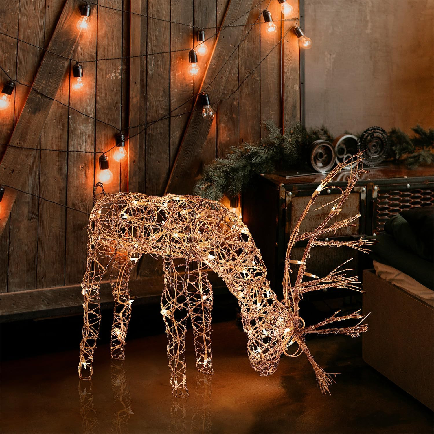 Alpine Corporation 24" Tall Outdoor Rattan Grazing Reindeer Lawn Decoration with White LED Lights, Indoor/Outdoor Christmas Holiday Yard Decor Garden Display | Amazon (US)