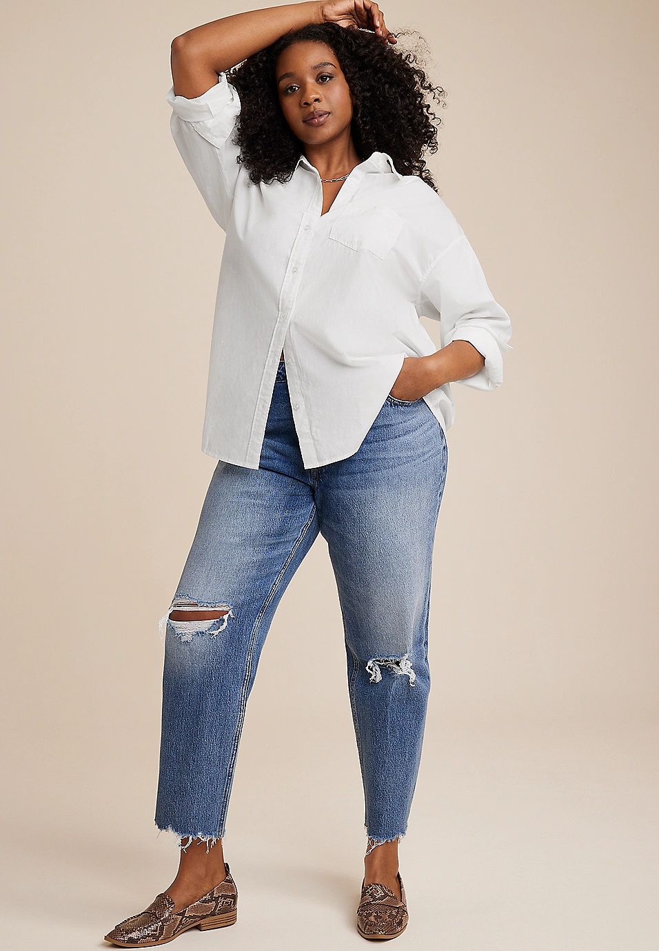 Plus Size White Cotton Button Up Shirt | Maurices