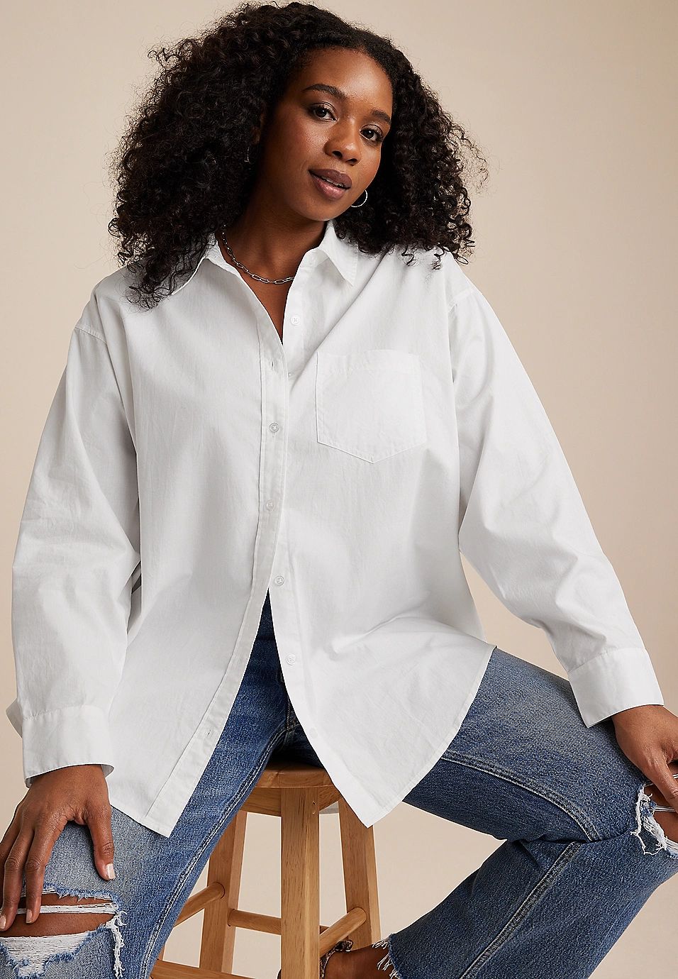 Plus Size White Cotton Button Up Shirt | Maurices