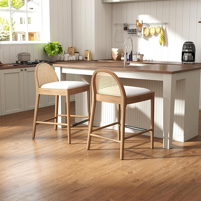 Rattan Bar Stools Set of 2, Counter Height Bar Stools with Cane Backs, 26'' Height Modern Bar Cha... | Amazon (US)