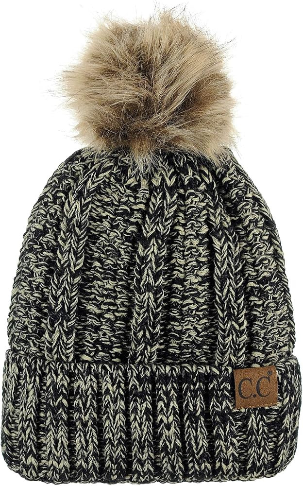 C.C Thick Cable Knit Faux Fuzzy Fur Pom Fleece Lined Skull Cap Cuff Beanie | Amazon (US)
