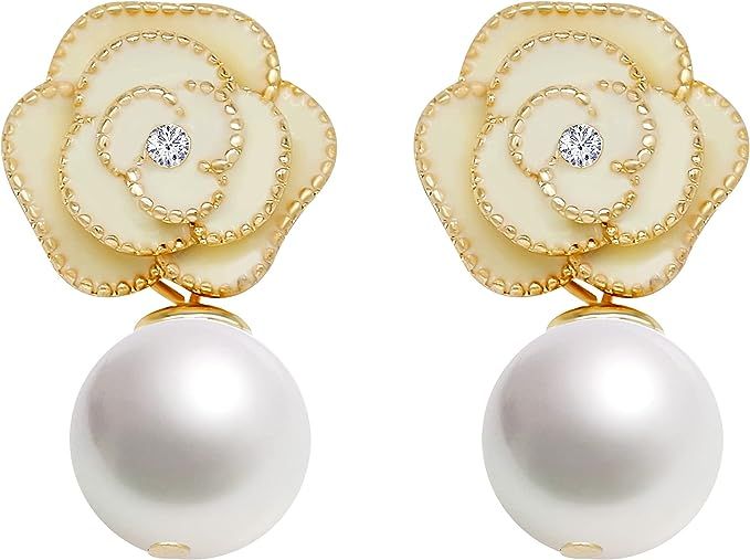 Fashion jewelry imitation pearl ivory camellia charm dangle earrings for women | Amazon (US)