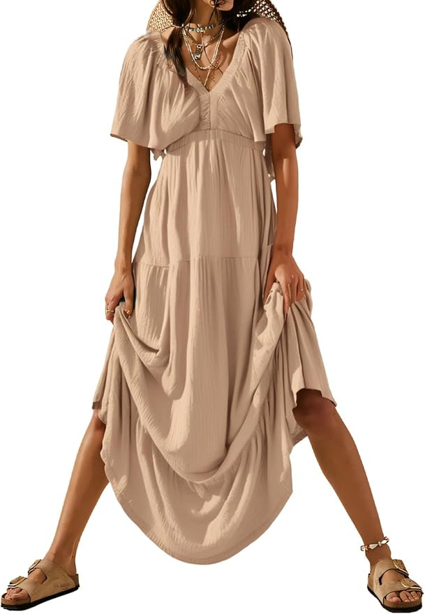 Acelitt Women Casual V Neck Short Sleeve Tiered Long Maxi Dress,S-XXL | Amazon (US)