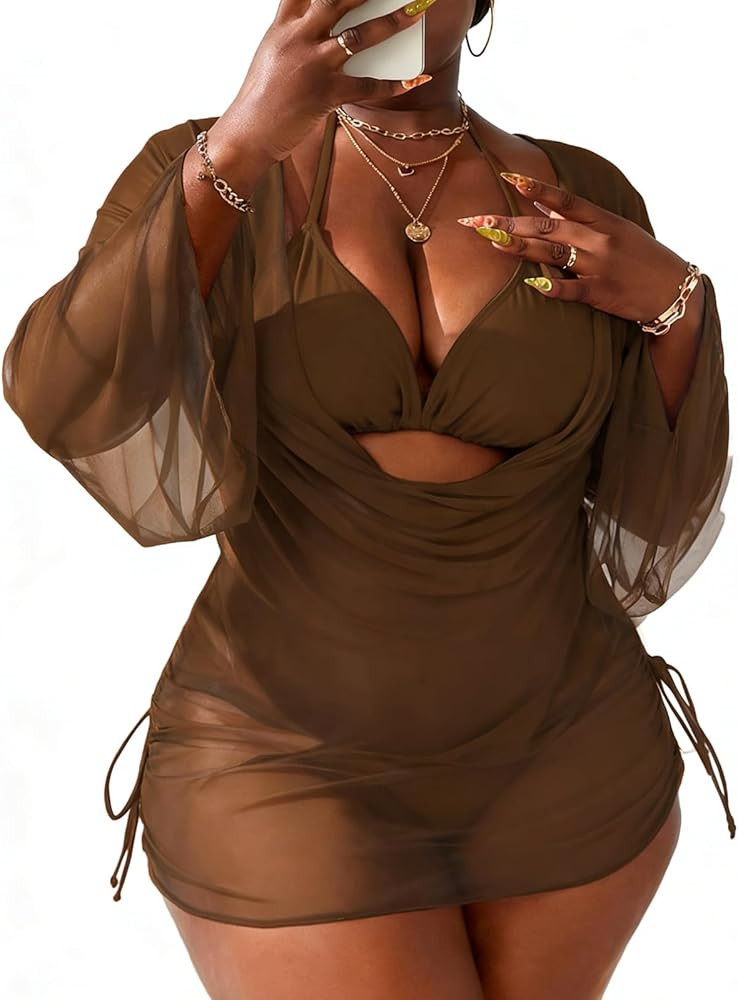 YELAIVP Women's Plus Size Halter String Triangle Bikini Sets 3 Piece Swimsuits with Side Ruched D... | Amazon (US)