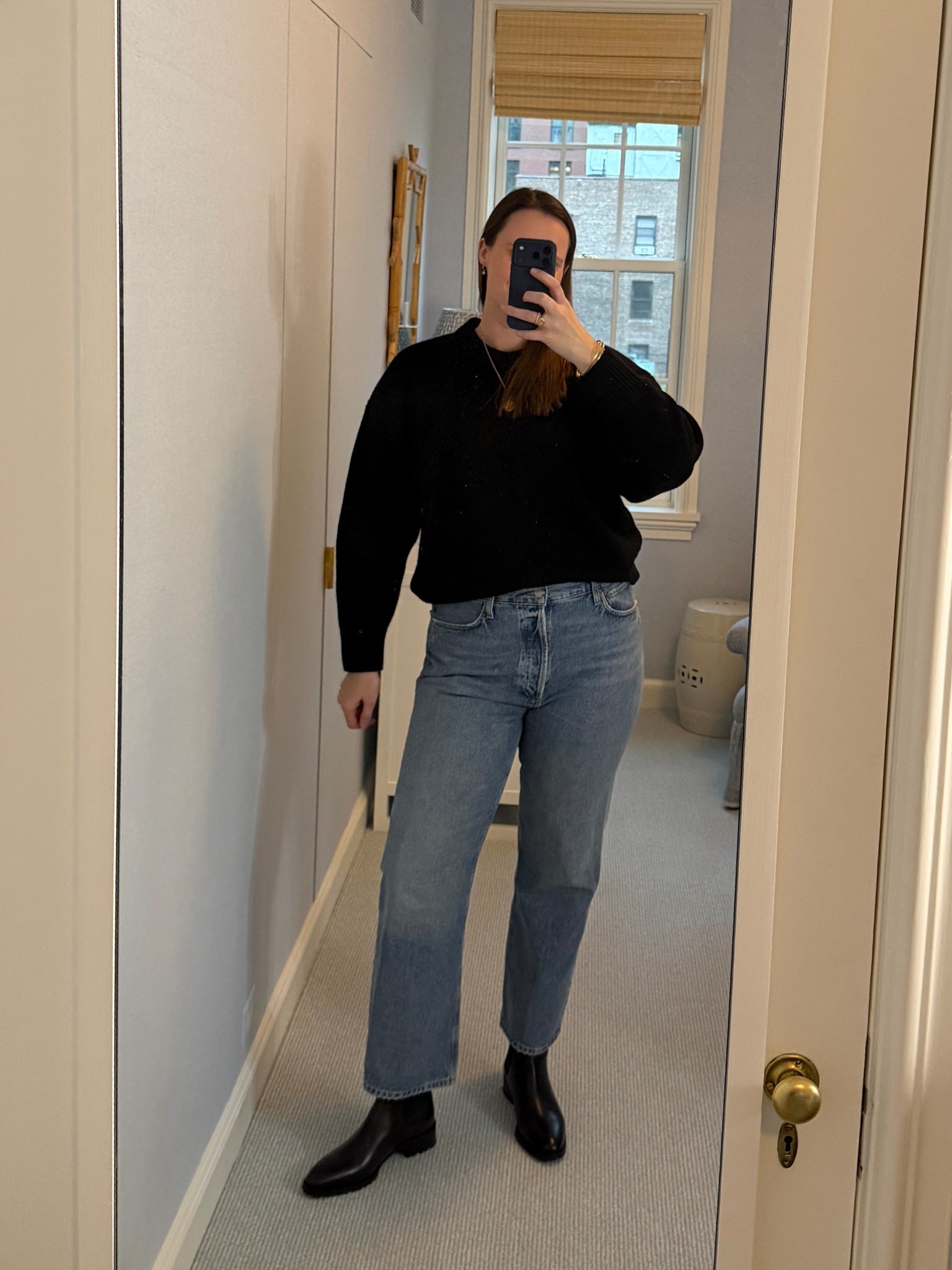 A very simple and classic winter outfit with a SoldOut sweater (size L), Agolde jeans and Manolo Chelsea boots. #timeless #classic #preppy #everydayoutfit 

#LTKootd #LTKSeasonal #LTKMidsize