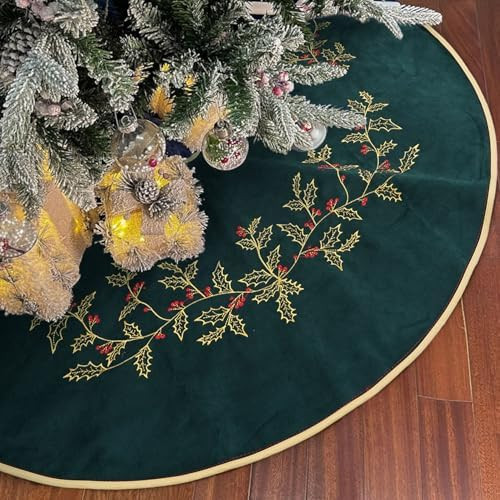 Green Christmas Tree Skirt Velvet 30 inch，Embroidered Vintage Dark Green Tree Skirt, Elegant Fu... | Amazon (US)