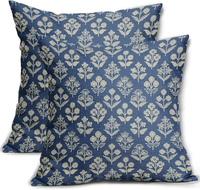 Blue Floral Pillow Covers 24x24 Inch Set of 2, Vintage Flower Block Print Pattern Decorative Thro... | Amazon (US)