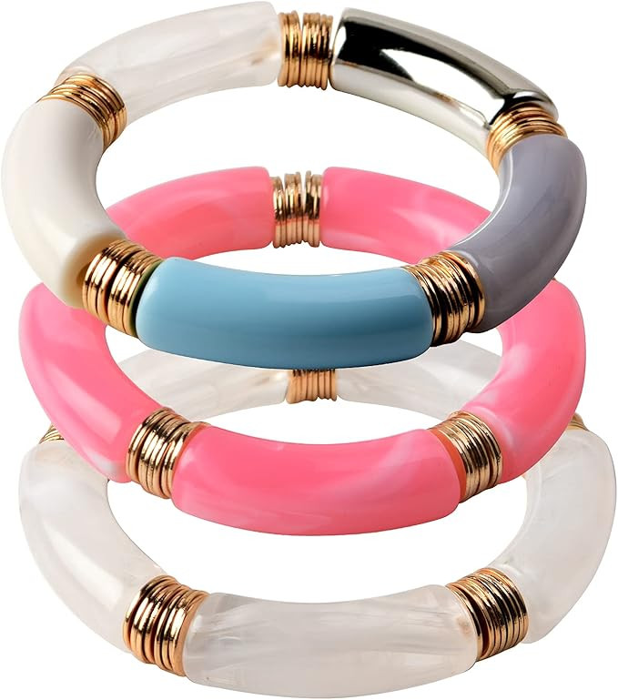 Bamboo Tube Bangles Bracelet Chunky Curved Stacking Clear Acrylic Colorful Beads Stretchable Frie... | Amazon (US)