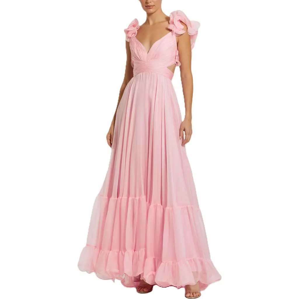 Mac Duggal Sleeveless Ruffle Tiered Cut-Out Chiffon Gown in Blush at Nordstrom, Size 14 | Nordstrom