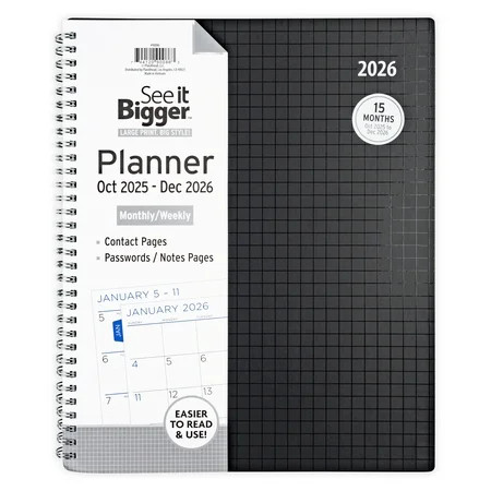 See it Bigger Monthly Weekly Planner Large (9" x 11") Black 15-Month, Oct 2025-Dec 2026 | Walmart (US)