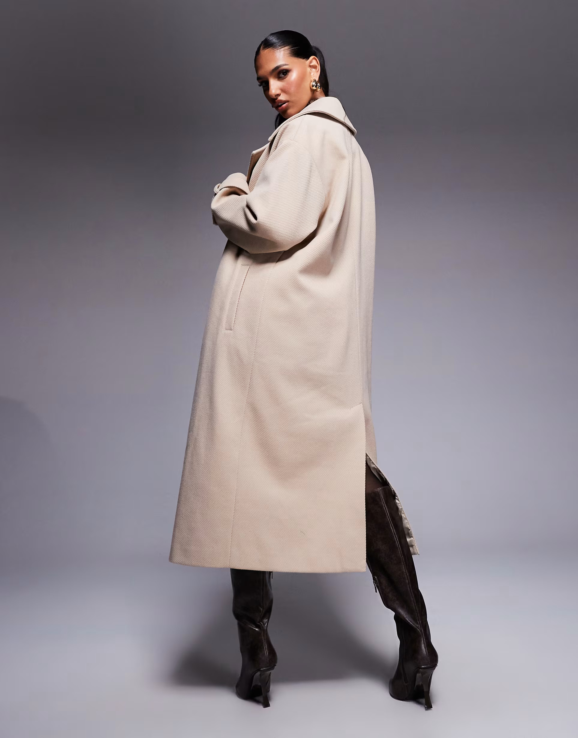 Aria Cove wool look heavyweight collared trench style maxi coat in beige | ASOS (Global)