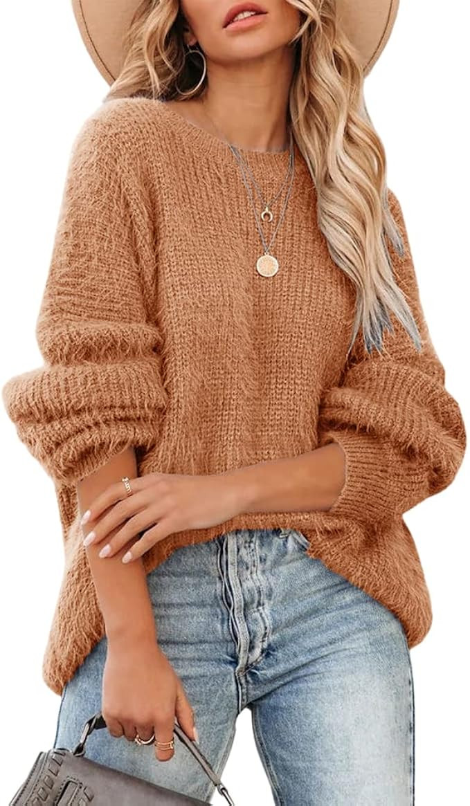 Jeemery Women's Oversized Crewneck Sweaters Fuzzy Batwing Sleeve Chunky Knit Fluffy Pullover Wint... | Amazon (US)