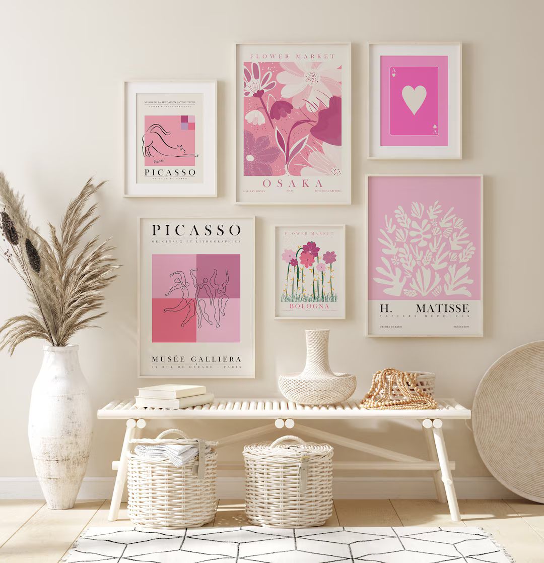 Retro Pink Gallery Wall Bundle 6 Pieces of Prints Flower - Etsy | Etsy (US)