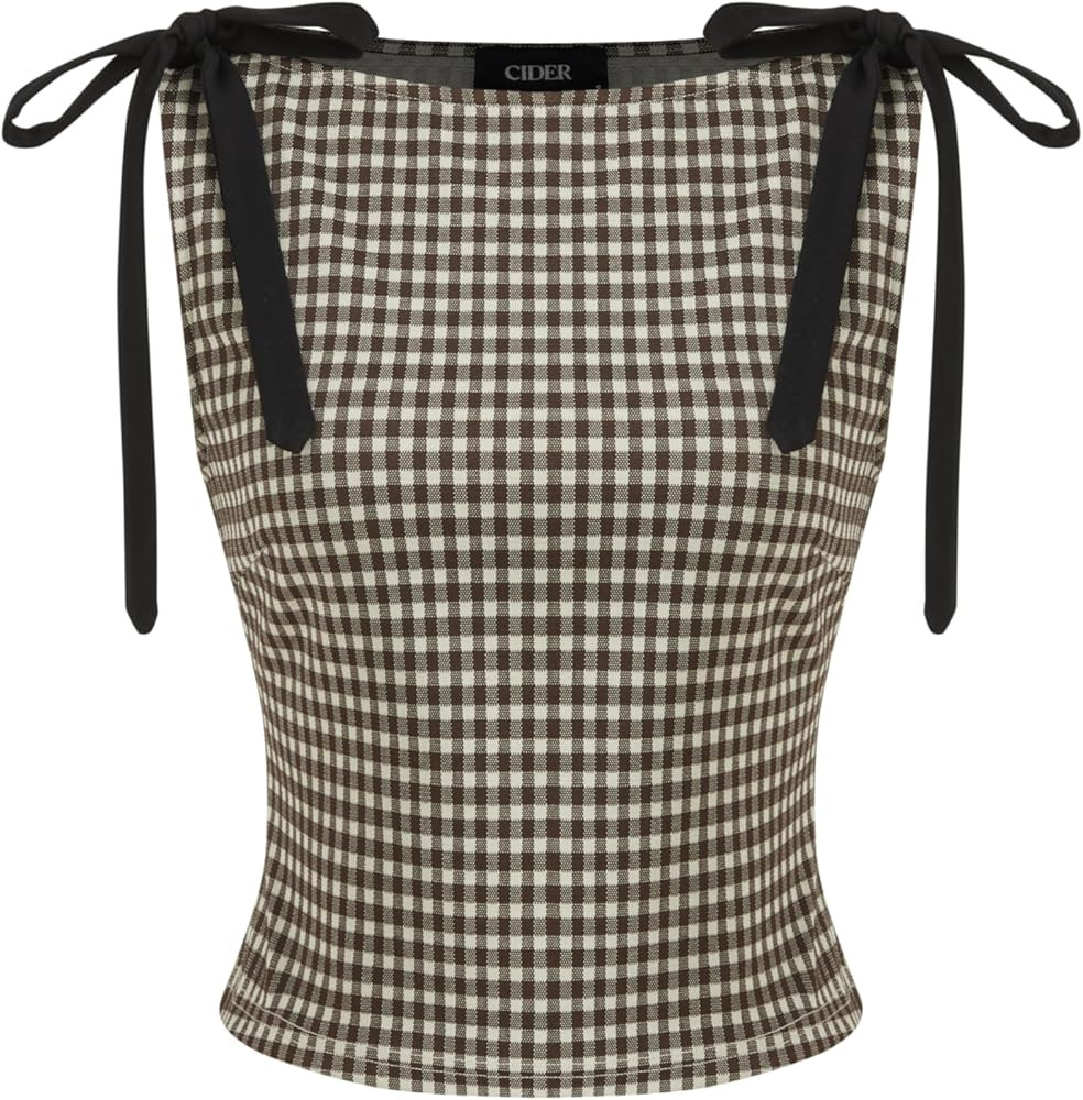 CIDER Tank Tops for Women Gingham Bow Tie Boat Neck Sleeveless Jacquard Slim Fit Top Blouses Wome... | Amazon (US)