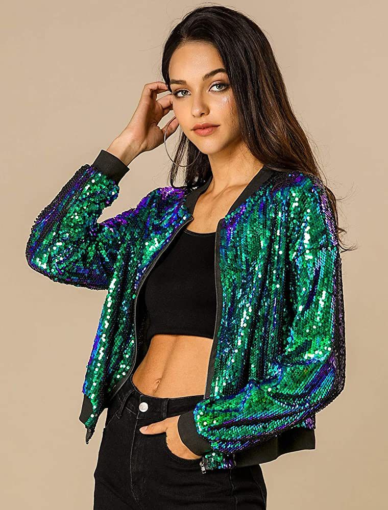 Allegra K Women's Halloween Sequin Sparkle Long Sleeve Zipper Bomber Jacket | Amazon (US)