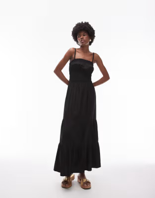 Topshop shirred poplin midi dress in black | ASOS (Global)