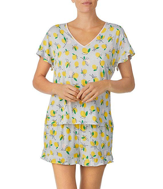 Lemon Print Short Sleeve V-Neck Jersey Knit Shorty Pajama Set | Dillard's
