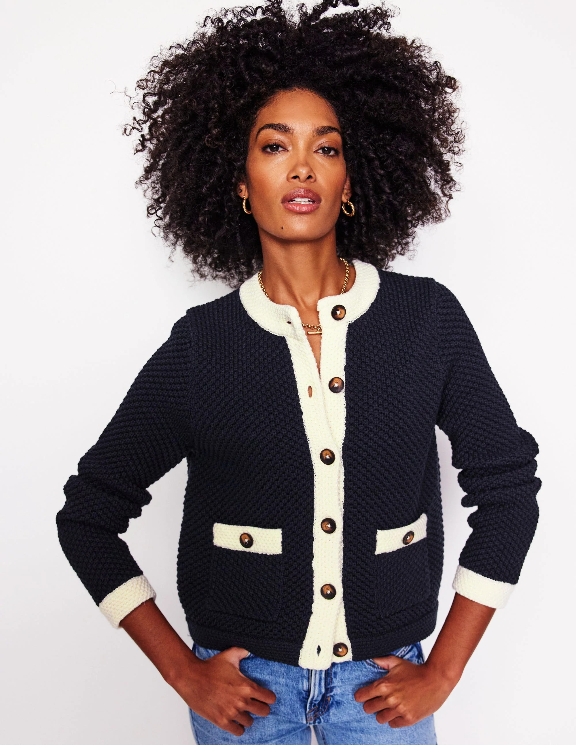 Libby Knitted Jacket-Navy/Warm Ivory | Boden UK