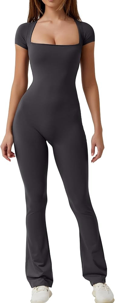 QINSEN Flare Jumpsuits for Women Short Sleeve Square Neck Bodycon Full Length Playsuit | Amazon (US)