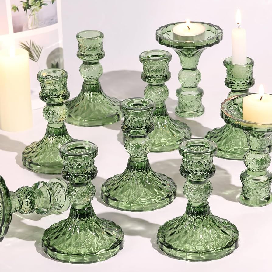 Glass Candle Holder Set of 12, Green Taper Candle Holders Bulk, Vintage Candlestick Holders, Cand... | Amazon (US)