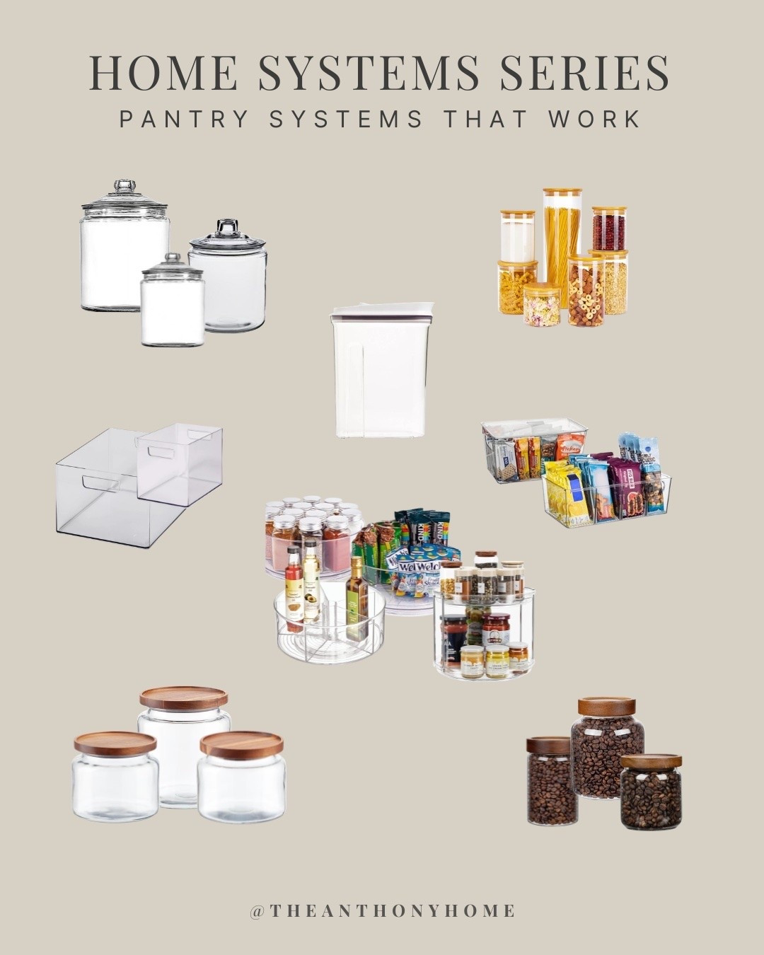 A functional pantry is not about putting everything into matching containers. It is about choosing the right organizer for each category.

I use clear canisters for pantry staples, bins for grouping loose packages, divided organizers for snacks, and Lazy Susans for bottles and jars that tend to disappear in the back.

I linked the pantry organizers I use to make everything easier to see, reach, and put away. 🤍