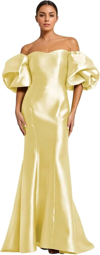 Satin Prom Dresses Off Shoulder Puff Sleeve Long Mermaid Formal Evening Party Gown | Amazon (US)