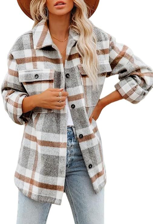 Beaully Women's Flannel Plaid Shacket Long Sleeve Button Down Chest Pocketed Shirts Jacket Coats | Amazon (US)