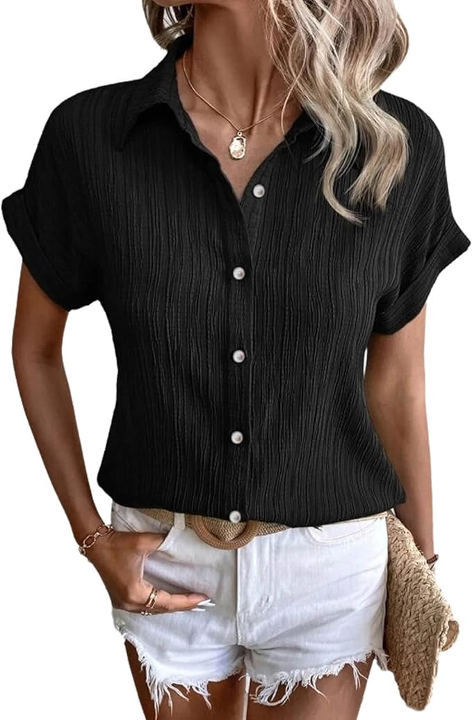 Womens Button Down Shirt Wrinkle-Free Solid Casual Work Office Blouse Top | Amazon (US)