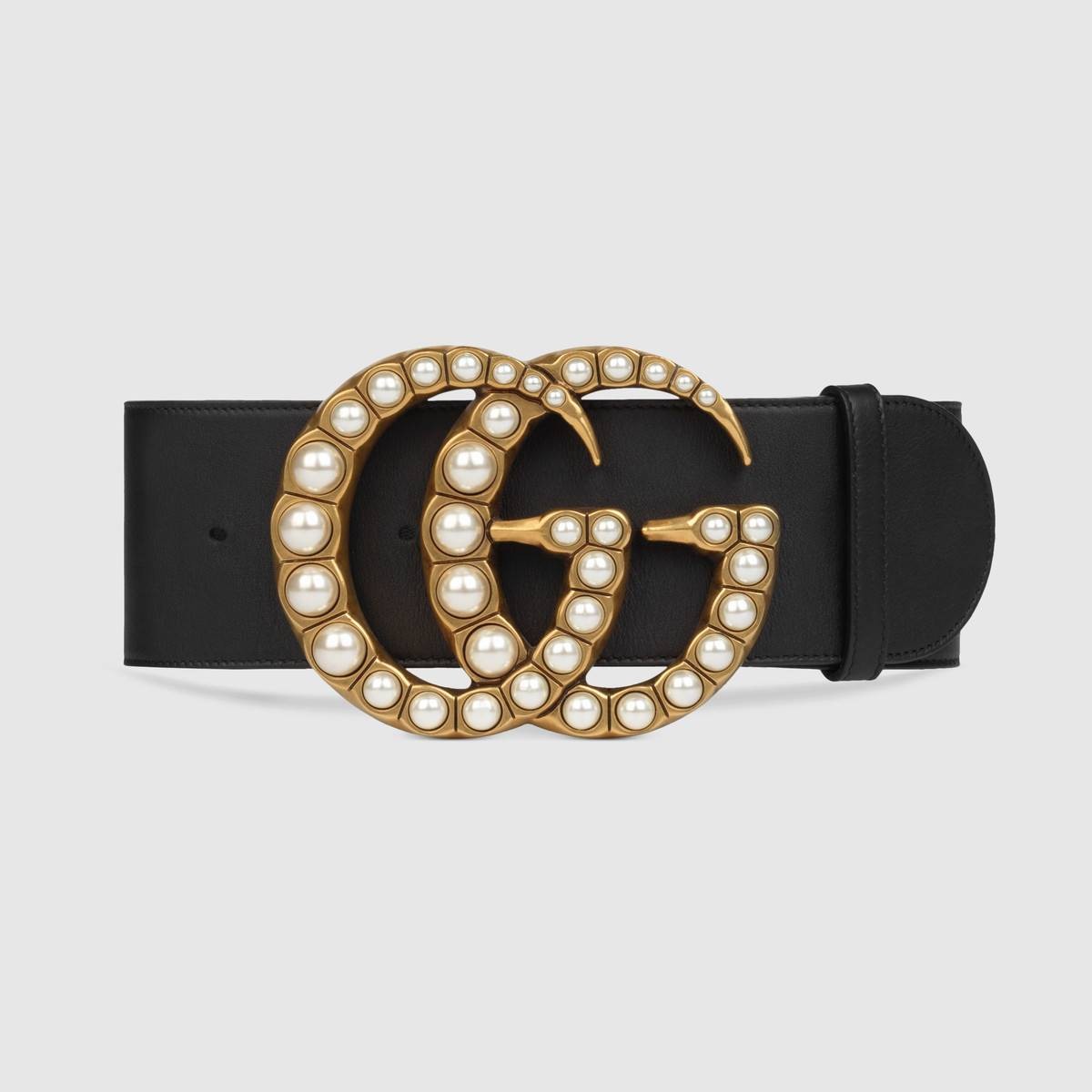 Wide leather belt with pearl Double G | Gucci (US)
