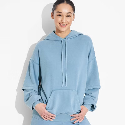Women's Layered Sleeve Hooded Sweatshirt - Wild Fable™ Teal Blue S | Target