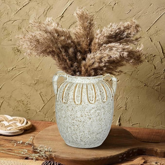 Vintage Ceramic Vase with 2 Handles,Farmhouse Boho Vase for Home Decor, Petal-Like Pluting Rustic... | Amazon (US)