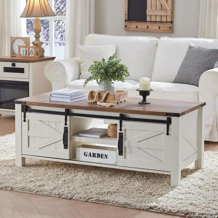 OKD 48" Farmhouse Rectangle Coffee Table Wood with Sliding Barn Doors, Antique White | Walmart (US)