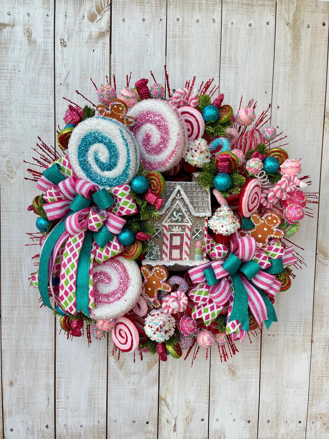 Christmas Winter Holiday Gingerbread House Pink and Blue candy wreath for your front door porch e... | Etsy (US)