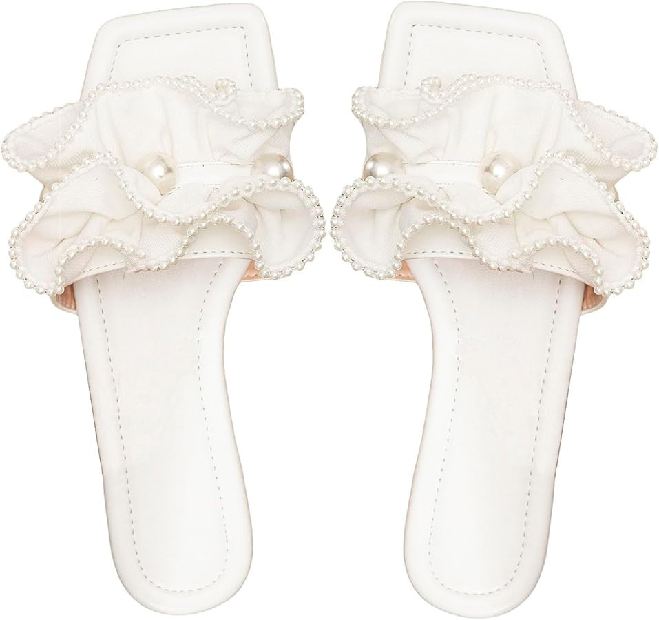 Verdusa Women's Ruffle Pearl Sandals Wedding Square Toe Slip on Slides Summer Slippers | Amazon (US)