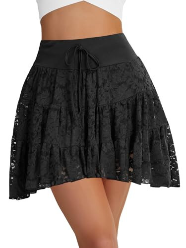 Rooscier Women's Floral Lace Sheer Ruffle Elastic Waist Flowy Cute Mini Skirts Black Large | Amazon (US)