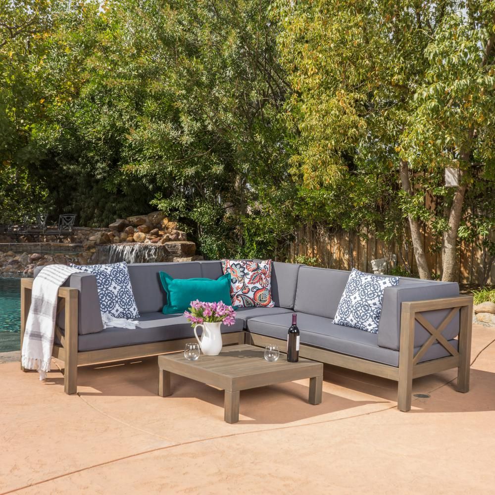 Noble House Brava gray 4-Piece Wood Outdoor Sectional Set with Dark gray Cushions | The Home Depot