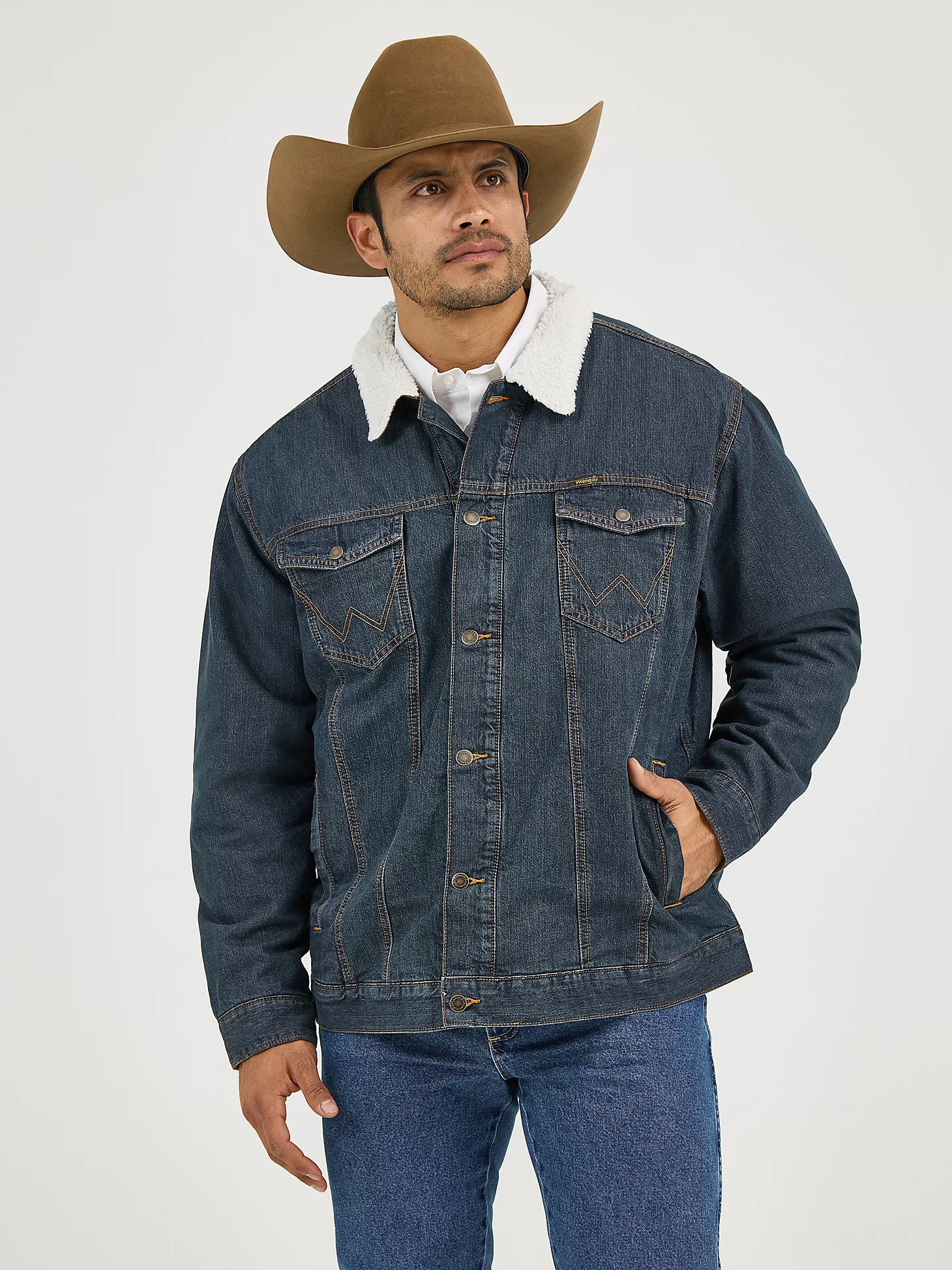 Wrangler® Western Sherpa Lined Denim Trucker Jacket in Rustic | Wrangler