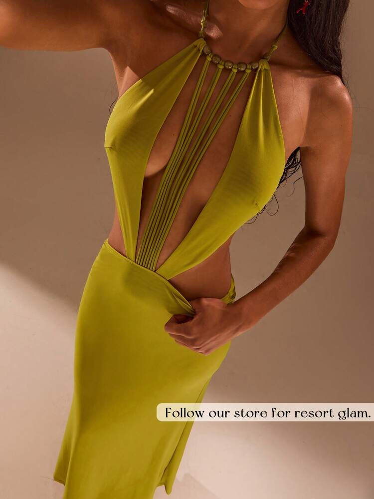 Opulessa Women's Solid Color Hollow Out Sexy Bodycon Maxi Halter Dress,Party Dresses For Women | SHEIN