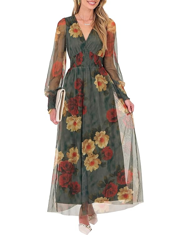 ANRABESS Women's Floral Maxi Dress 2025 Fall V Neck Puff Long Sleeve Flowy Casual Wedding Guest T... | Amazon (US)